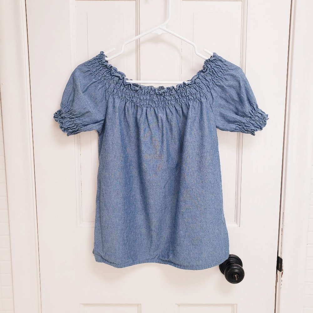 H&M Y2K RYD Blue Chambray Off The Shoulder Top Shirred Cotton Shirt M